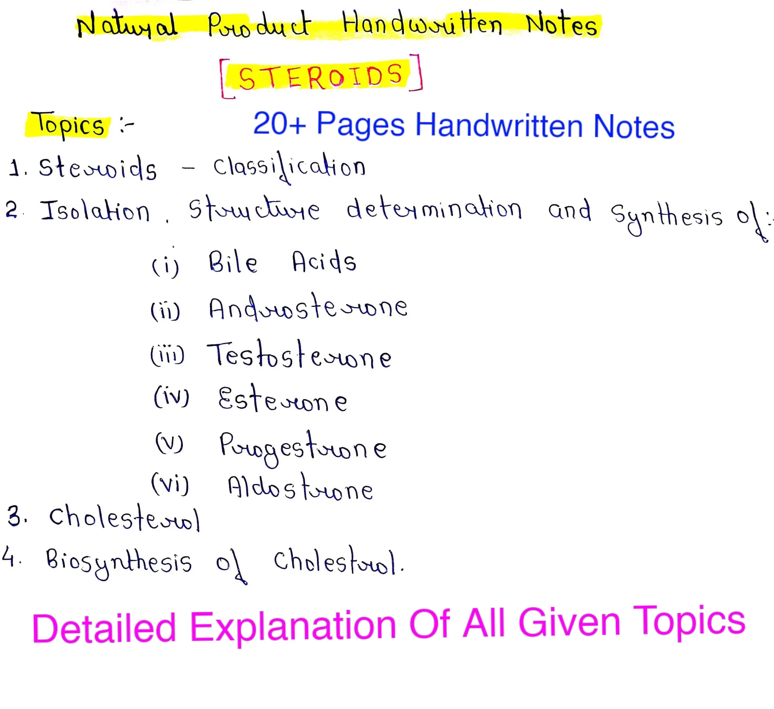 STEROIDS - Natural Products | Organic Chemistry | Complete handmade notes | Important For MSc.Final |
